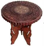 RAMYAMART Brown Wood Handmade Round Vase Table With 3 Leg Carving Border Design Folding Stool, 9 Inch