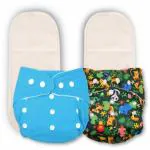 Deedry Oeko-Tex Certified Unisex Baby Cloth Diapers Washable & Reusable Diapers with Adjustable Snap Buttons 3 Months- 3 Years 1 Blue Solid & 1 Print Diaper+ 2 Inserts/Pads