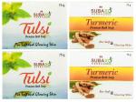 Subaxo Herbal Tulsi Bath Soap, Basil Soap, Anti Bacterial Soap- 2 Pc AND Turmeric Ayurvedic Soap for Glowing Skin -2 Pc (Each 75 Gm)