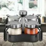 PRIME PICK Revolving Condiment Pots for Pickle Salt & Pepper Cellar with Lid and Spoon, Set of 4 Glass Pickle Orgnaiser with 360 Rotating Holder Tray for Kitchen, 4 Pots
