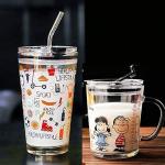 F QUEEN CREATION Random Design Cartoon Glass Milk Fruit Juice Cup for Kids 400ml and Glass Sipper Tumbler with Lid and Straw 470 ML