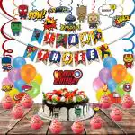 Festiko 61 Pcs Superhero Theme I Am Three Birthday Combo, Superhero Combo (Banner, Swirls, Cake Topper, Cupcake Toppers & Balloons)