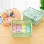 DHYANI 1PCs Plastic Mini Hollow Basket with Lids, Storage Organizer, Cloth, Fruits, Vegetable, Space Saver Bin, Bedroom, Bathroom (MULTI COLOR)