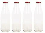 Mkd2 Rise Transparent Glass Bottles Storage Container for Kitchen 500 ml with Airtight Red Cap (Set of 4) Ideal to Store Water, Milk, Juice & Oil