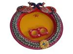 Etsibitsi Multicolor Wood Designer Peacock Design Pooja Thali Set