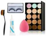 Lenon Beauty 15 Color Cream Contour Face Makeup, Foundation Brush, Eyelash Glue, Sponge Puff , False eyelash (5 Items in the set)