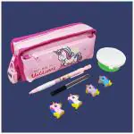 PARTEET Combo Pack of 4 Items 1 Pouch with 1 Lead Pencil,4Pc Unicorn Eraser,1 Crystal Slime For kids