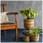 CreateYourTaste Bamboo Cane Indoor Planter Baskets for Home Balcony Terrace Garden Decor (Set of 3, Green Pink)