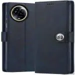 Fastship Realme RMX3782 / Realme 60x Flip Cover | Full Body Protection |Back TPU Wallet Stylish Button Magnetic Book Cover Leather Flip Case for Realme Narzo 60X 5G - Blue