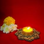 Puzzleboxx Tealight Holder Set of 2 Wooden Tea Light Candle Holder Stand for Diwali Festival Decoration Items for Indoor Decor with 2 Golden Ring , Red Beige, MDF-TEALIGHT-11
