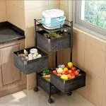 YASH Marketing 3 Layer Kitchen Rotating Trolley Portable Storage Rack Square Design Fruits & Vegetable Onion Cutlery, Spice,Jars Container Basket Organizer Holder Stand for Kitchen -(Black,Pack of 1)