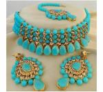 Gyaan Jewels Handmade Gold Plated Alloy Necklace, Earring and Maang Tikka Set Turquoise (Women) (Pack of 1) Free Size