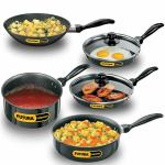 Hawkins Futura 5 Pieces Cookware Set 4 - Non Stick Kadhai, Two Frying Pans, Saucepan, Saute Pan and Two Glass Lids, Black (NSET4)