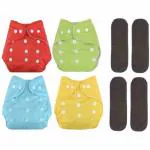 BLUESPUN Baby Reusable Cloth Diapers Adjustable | Baby's All-in-One | Washable, Reusable | Adjustable | Cloth Diapers | Red-Green-Lite Blue-Yellow | Pack of 4
