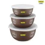 Urban Chef Flora Stainless Steel Microwave Safe 3 Pcs. Bowl Set with Lid-Brown