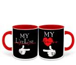 Whats Your Kick Couple Design My Life Line Set of 2 Printed Red Ceramic Coffee Mug 325 ML