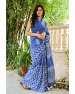 PINKCITY TRADE WORLD - Jaipur Printed, Color Block, Blocked Printed Daily Wear Pure Cotton Saree with Attached Blouse Piece - Blue