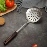 Leeonz Stainless Steel Slotted Serving Spoon, Professional Skimmers Spoon with Wooden Handle, Large Kitchen Utensil Cooking Strainer Ladle for Daily Use, 15 Inches