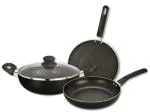 Bergner Black Aluminium Non Stick 4 Piece Cookware Set, Kadhai with Glass Lid 24cm, Dosa Tawa 28cm, Frypan 24cm