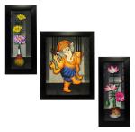Indianara 3 Pc Set Of Lord Ganesha Paintings (1521) Without Glass 5.2 X 12.5, 9.5 X 12.5, 5.2 X 12.5 Inch