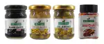 Green Piece Black Olives (120gm),Green Olives (120gm),Jalapeno Sliced (120gm) and Red Chilli Flakes (50gm) (Pack of 4)