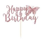 Festiko Rose Gold Happy Birthday Cake Topper With 3D Butterfly, Happy Birthday Cake Topper Cake Decoration Supplies For Girl Kid Women