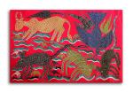 Tamatina Multicolor Bhil Art Animals On The Lake Traditional Unframed Art Canvas Painting-36X24 Inch