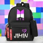 KNOXS Girls Backpack For School & College Printed BTS Jimin Word Bag with Water Bottle Holder | Black