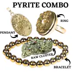 Combo of Pyrite Pendant, Adjustable Ring, Bracelet, and 30-50 Gram Pyrite Raw/Rough Cluster/Peru Pyrite for Healing/Vastu/Gifts/Wealth, Attracts Business Luck, Money Magnate Bracelet, Druzy Ring Harness the Benefits of Pyrite