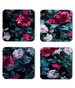 Whats Your Kick Flowers Beautiful Rose With Leaf Flower Design Printed Set of 4 Coaster With Metal Stand