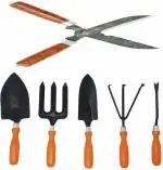 Green India Garden Tool Set pack of Pcs Contains Hand Big Trowel, Hand Small Shovel, weeder, Cultivator, Fork & Heavy Duty Hedge Shear Cutter / Grasss Cutter with Comfort Grip Garden Tool Kit (6 Tools)