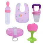KUPEPE Baby Fruit Nibbler, Spoon feeder, Finger Brush, Bib & Teether and Feeder (Pink)