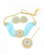 Bella Store Women Sky Blue Brass Handmade Kundan Choker with Mangtika and Earrings