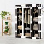 BE MODERN 10 Shelves French Door Print Carbon Steel Collapsible Wardrobe (Finish Color -6_BLACK, DIY(Do-It-Yourself))