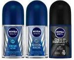 Nivea Roll-On Deodorant Deep Impact + Cool Kick + Fresh Active For Men, Pack of 3 (50Ml)