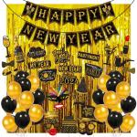 Zyozique Happy New Year Party Decorations Supplies, 56 Pcs New Year Decorations Set - Including Banner, Photo Booth Props, Golden Foil Curtain And Bal
