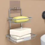 Plantex Stainless Steel Self Adhesive Soap Hodler For Bathroom/Wall Mounted Soap Dish/Double Layer Soap Tray/Bathroom Accessories (Silver)
