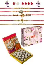Feastive Celebrations Bikano Badam Burfi With 5 Blessed Rakhis, Pair Of Ganesha Soan, Pooja Rakhi, Kesar And Chawal (Set Of 4)