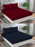 N G Products 310 TC Combo Pack of 2 Glace Cotton Satin Stripes Elastic Fitted Plain Double Bedsheets with 4 Pillow Covers for Home/Hotels/Guest House (Maroon & Blue)