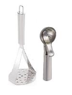 Stainless Steel Potato Masher With Stainless Steel Neelu Ice Cream Scoop and Multicolour, Pack of 2