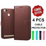 RJR Xiaomi Redmi 3s, Redmi 3s Prime Leather Flip Cover | Wallet Style Back Case| Magnet Closure | inbuilt Stand ( Combo Offer 4pcs Cable Protector)- Brown