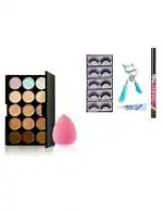 Lenon Beauty Professional Makeup 15 Color Contour, 5 Pcs False Eyelashes, Eyelashes Curler, Eyelashes Glue, makeup Blender And 36 H Waterproof Eyeliner (Pack of 6) (6 Items in the set)