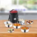 Priyaj Stainless Steel Lunch Box Set Delight Series 4 Containers (430ml each),1 spoon with Thermoinsulated bag|Air Tight lid|Leakage proof Tiffin Box|Office School Travel Lunch Picnic Multipurpose Box