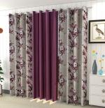 Ultica Fab Long Crush 8Ft Curtain for Door Set of 3 | Floral Printed Panels for Home and Office | Eyelet Curtains for Living Room Kitchen Hall, 4 x 8 Feet, Wine Leaf+1plain