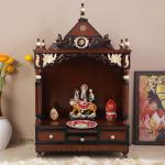 DZYN Furnitures Pooja Graham Large Floor Rested Pooja Mandir without Door (Brown Gold)