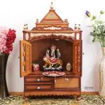 DZYN Furnitures Sacred Space Large Floor Rested Pooja Mandir with Door (Teak Gold)