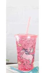 MiRiM Acrylic Frosty Tumbler/Mason Jar/Ice Cup with Lid and Straw 350ml (Unicorn Print) (Pink)