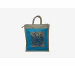 Move On Blue Jute Big Eco Reusable Button Pokets Cloth Carry Lunch Tiffin Bag With Zip Reinforced Handle