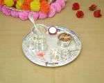GoldGiftIdeas 10 Inch Prathmesh Silver Plated Pooja Thali Set for Home Temple, Pooja Articles for Gift