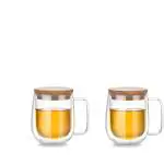Bhaguji Double Wall Heat Resistant Glass Cup With Handle and Bamboo Lid 250ml Glass Coffee Mug (250 ml, Pack of 2)